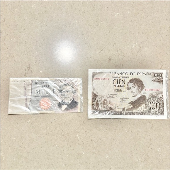 Other - Vintage 1000 Italian Lire & 100 Spanish Pesetas Banknotes - Collectible Set